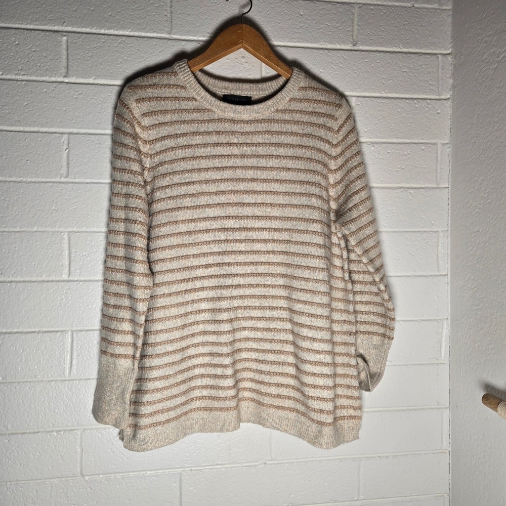 Tahari Womens Sweater Striped Knit Crewneck Pullover Beige Brown Cozy Cabin 2X